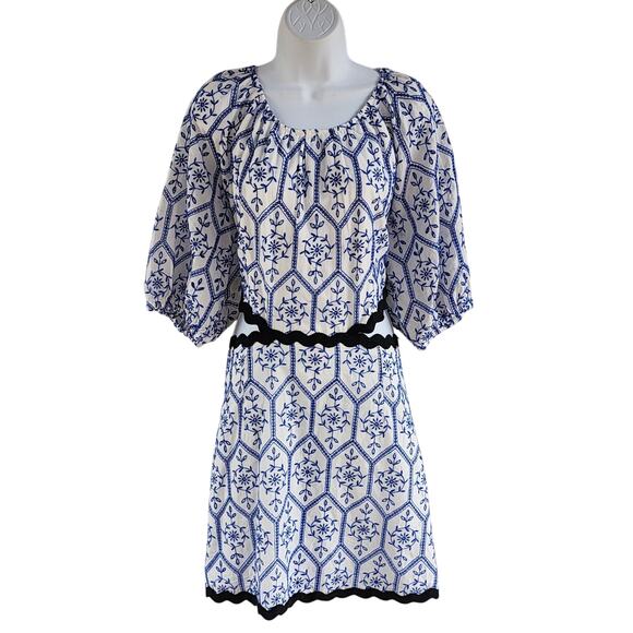 NWT H&M Blue White Embroidered Floral Eyelet Black RicRac Cutout Waist Dress XXL - Picture 2 of 8